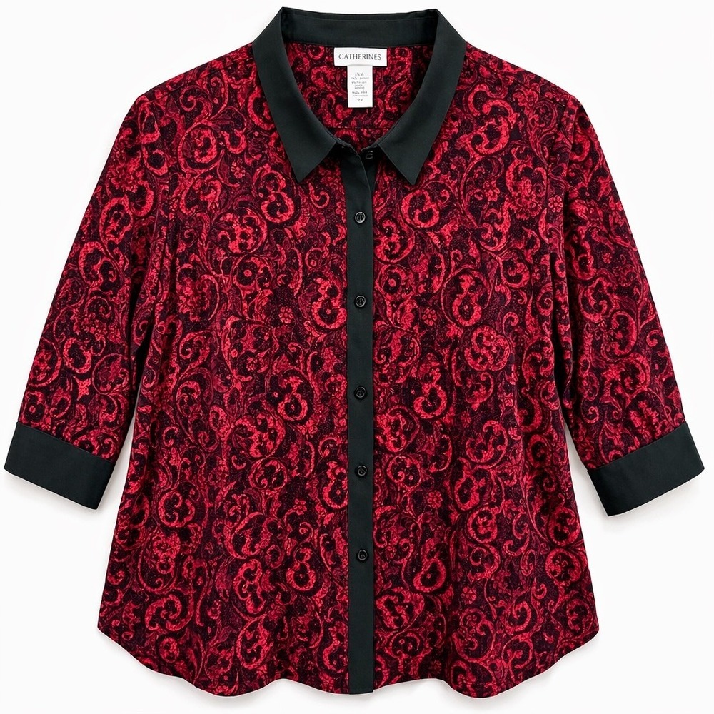 Catherines Paisley Button Down Blouse Womens Size 3X Red Black Roll Tab Sleeve